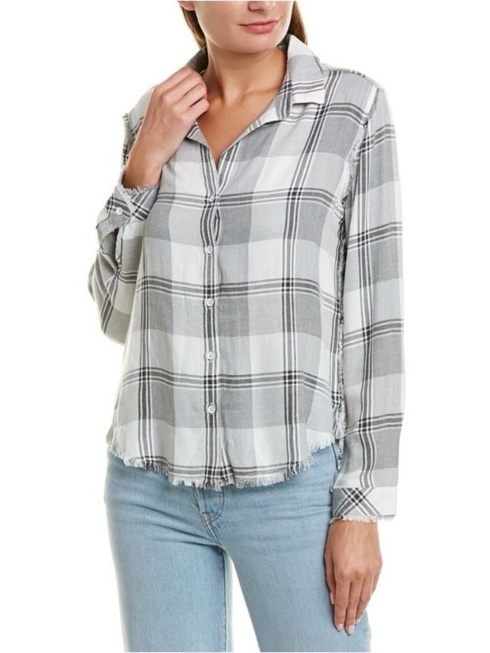 BELLA DAHL Plaid Button Up Shirt Gray White Frayed Hem Classic Large Revolve